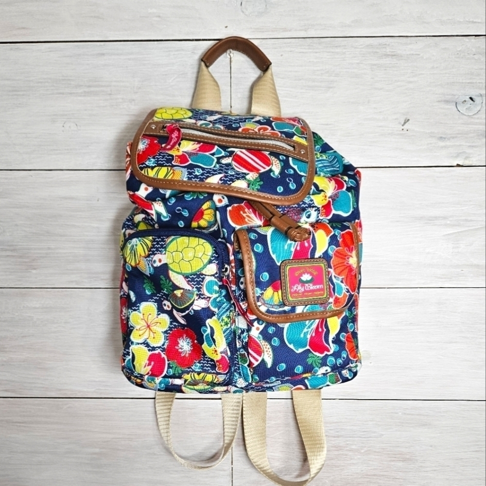 Lily Bloom Backpack Bright and Bold Floral and Sea Life Pattern Purse